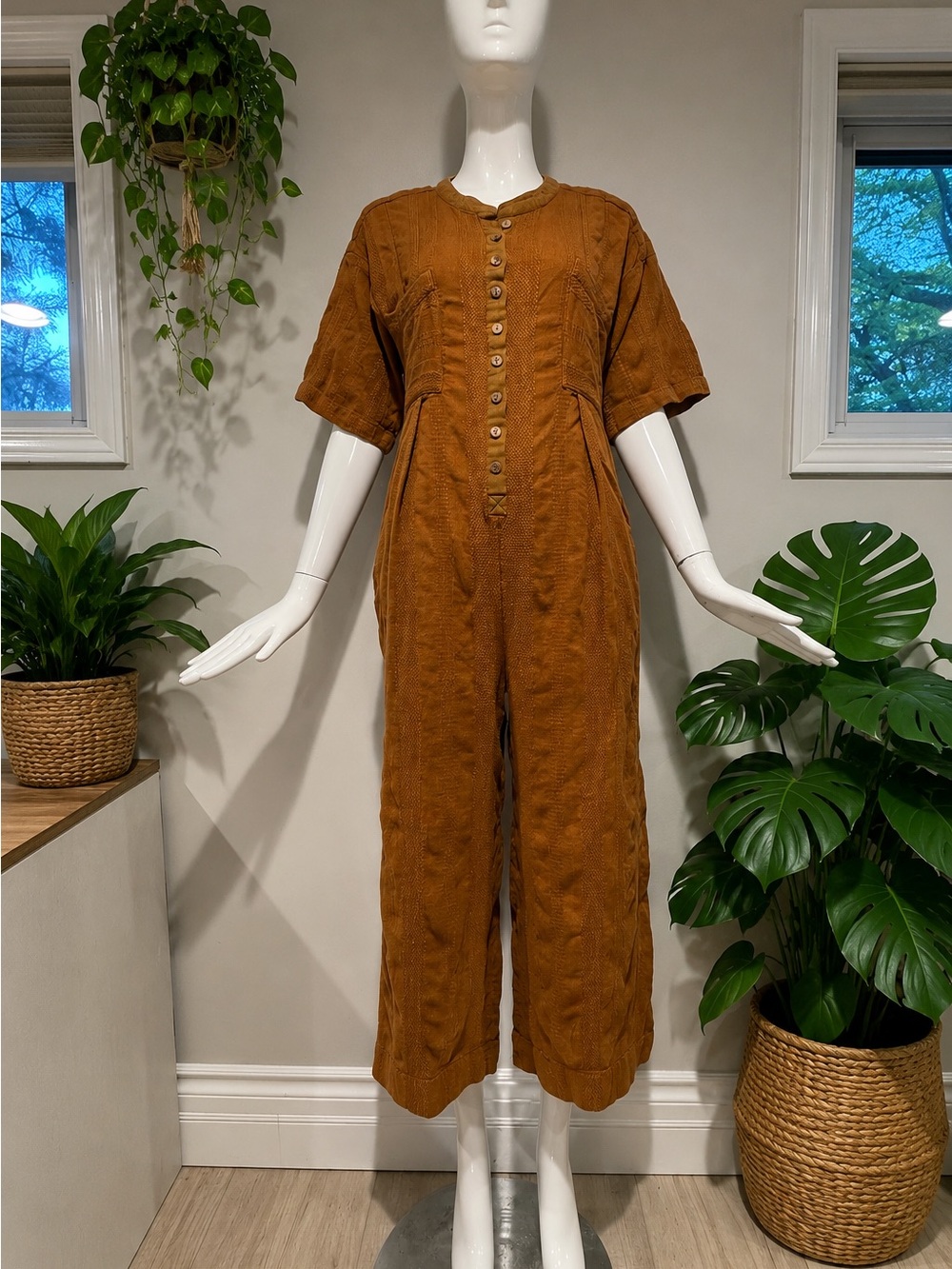 Free People Brown Rust Textured Wide Leg Jumpsuit Size M Boho